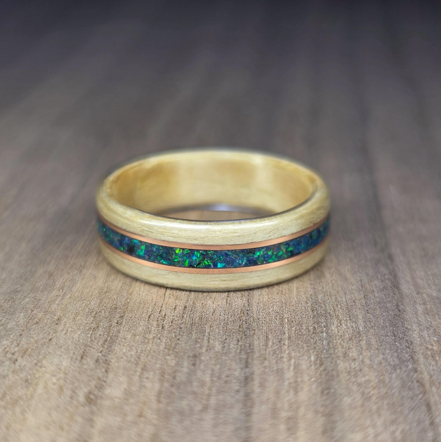 Willow with green opal and double copper inlays hand made bent wood ring