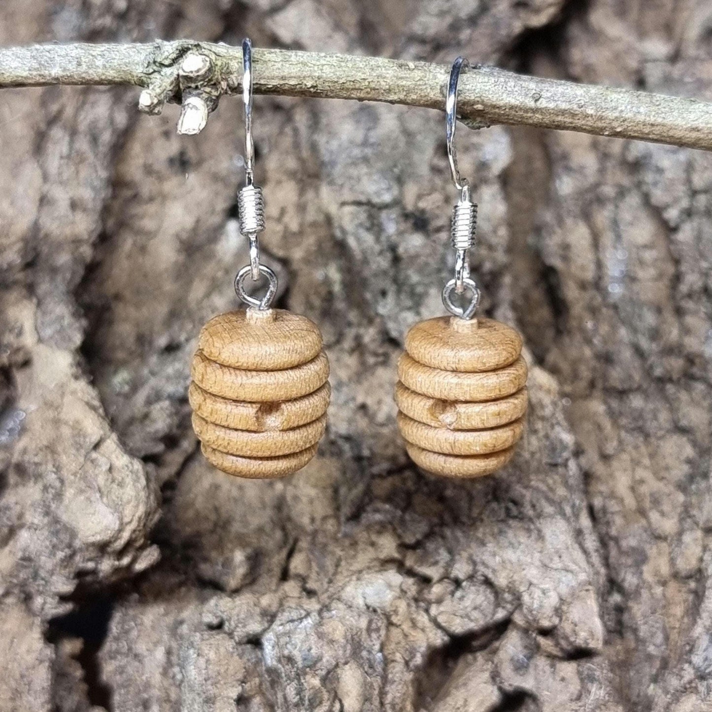 Maple beehive and sterling silver dangle / drop earrings - Wooden earrings - Natural earrings