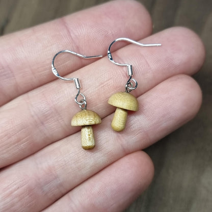 Wooden mushroom and sterling silver dangle / drop earrings - Wooden earrings - Natural earrings