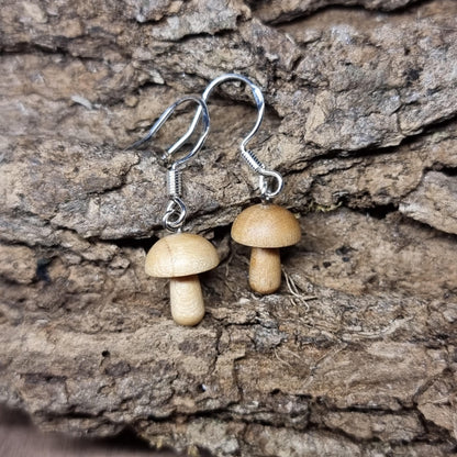 Wooden mushroom and sterling silver dangle / drop earrings - Wooden earrings - Natural earrings