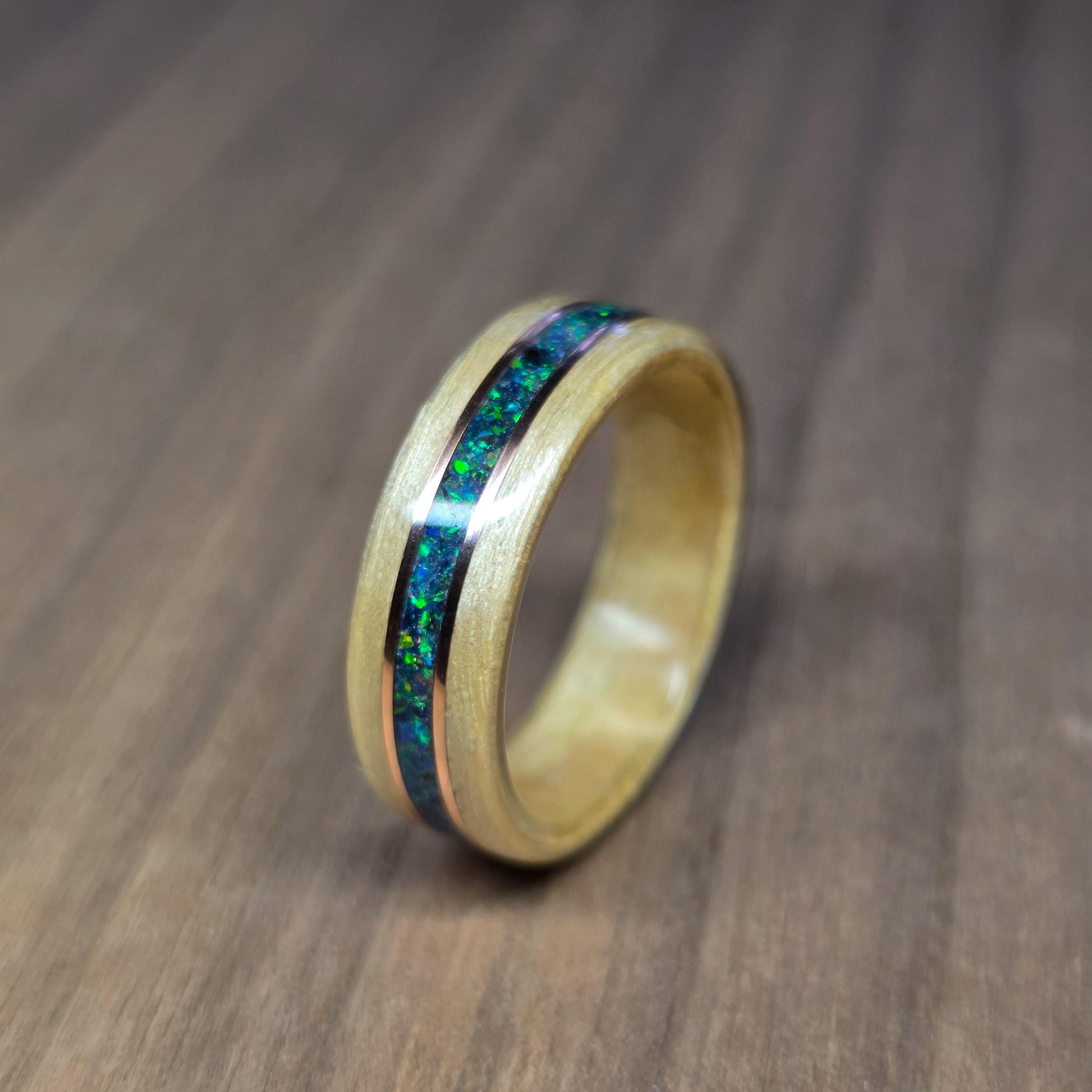 Willow with green opal and double copper inlays ring - Hand made bent wood ring - Wooden wedding band - Engagement ring - Natural jewellery