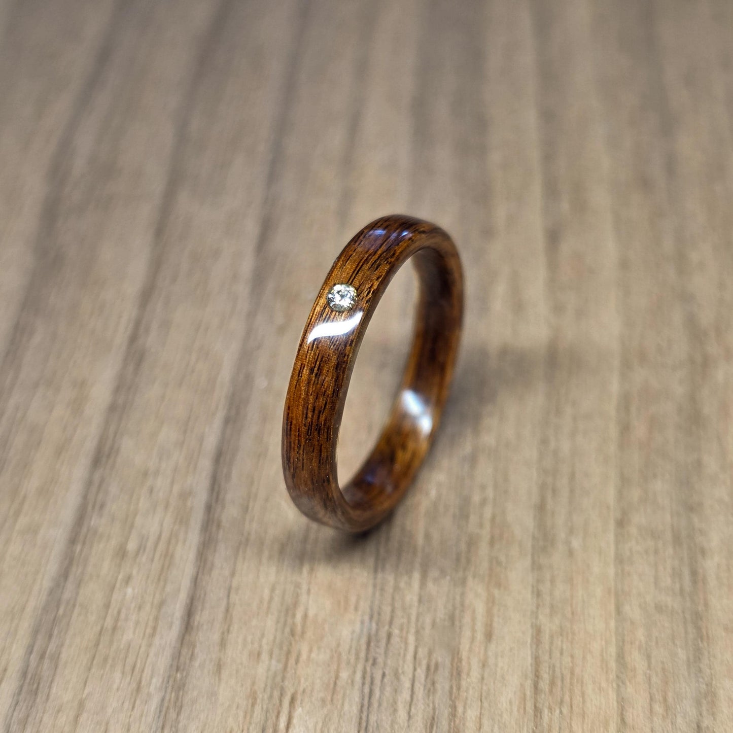 Rosewood and lab diamond hand made bent wood ring
