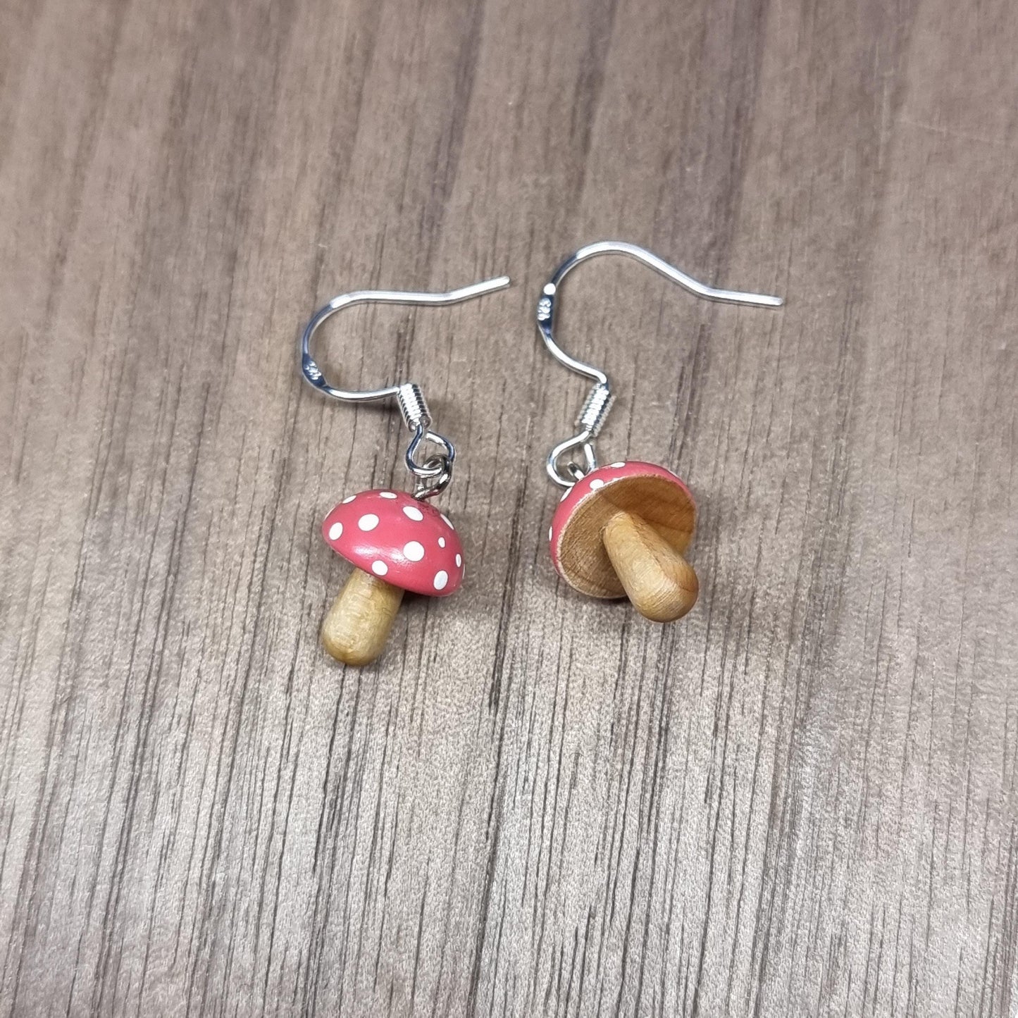 Wooden Toadstool mushroom and sterling silver hand made dangle / drop earrings