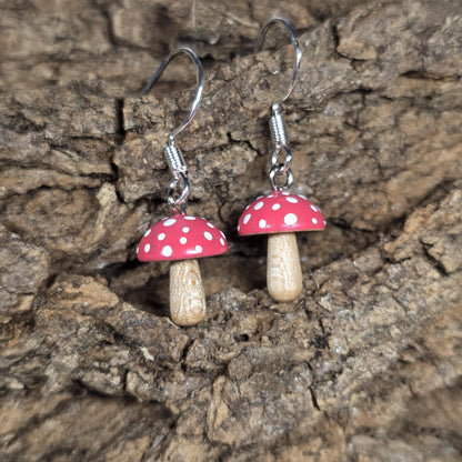 Wooden Toadstool mushroom and sterling silver hand made dangle / drop earrings