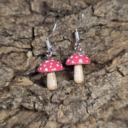 Wooden Toadstool mushroom and sterling silver hand made dangle / drop earrings