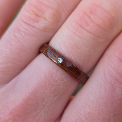 Rosewood and lab diamond hand made bent wood ring