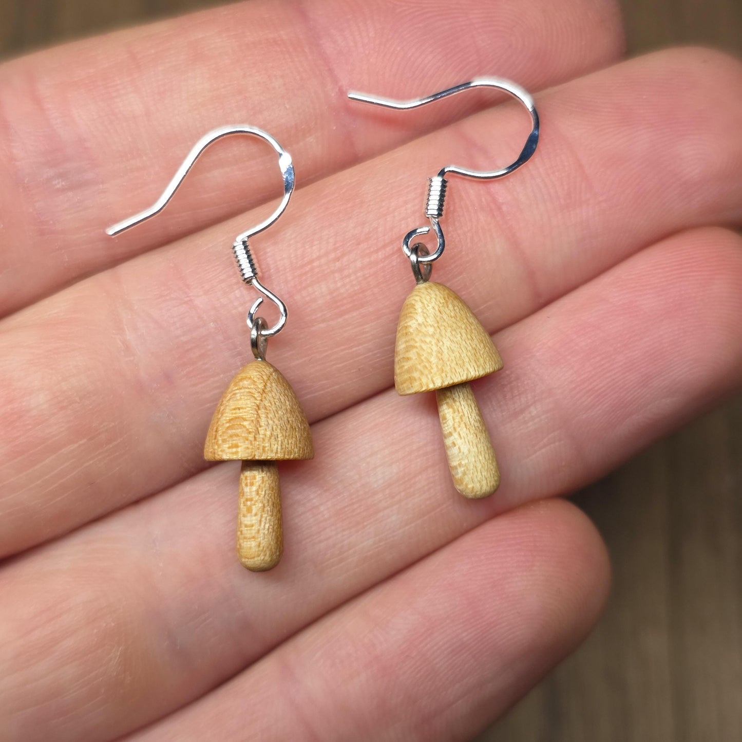 Wooden liberty cap magic mushroom and sterling silver dangle / drop earrings - Wooden earrings - Natural earrings