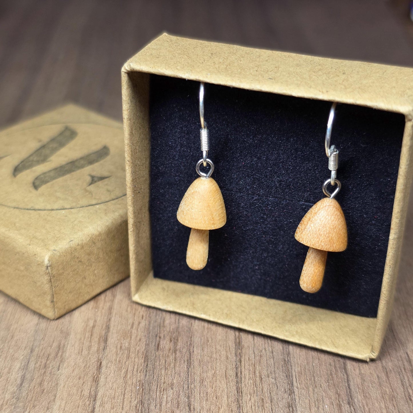 Wooden liberty cap magic mushroom and sterling silver dangle / drop earrings - Wooden earrings - Natural earrings