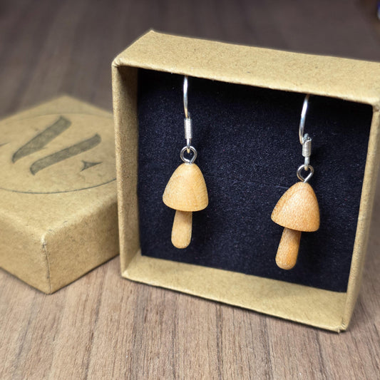 Wooden liberty cap magic mushroom and sterling silver dangle / drop earrings - Wooden earrings - Natural earrings