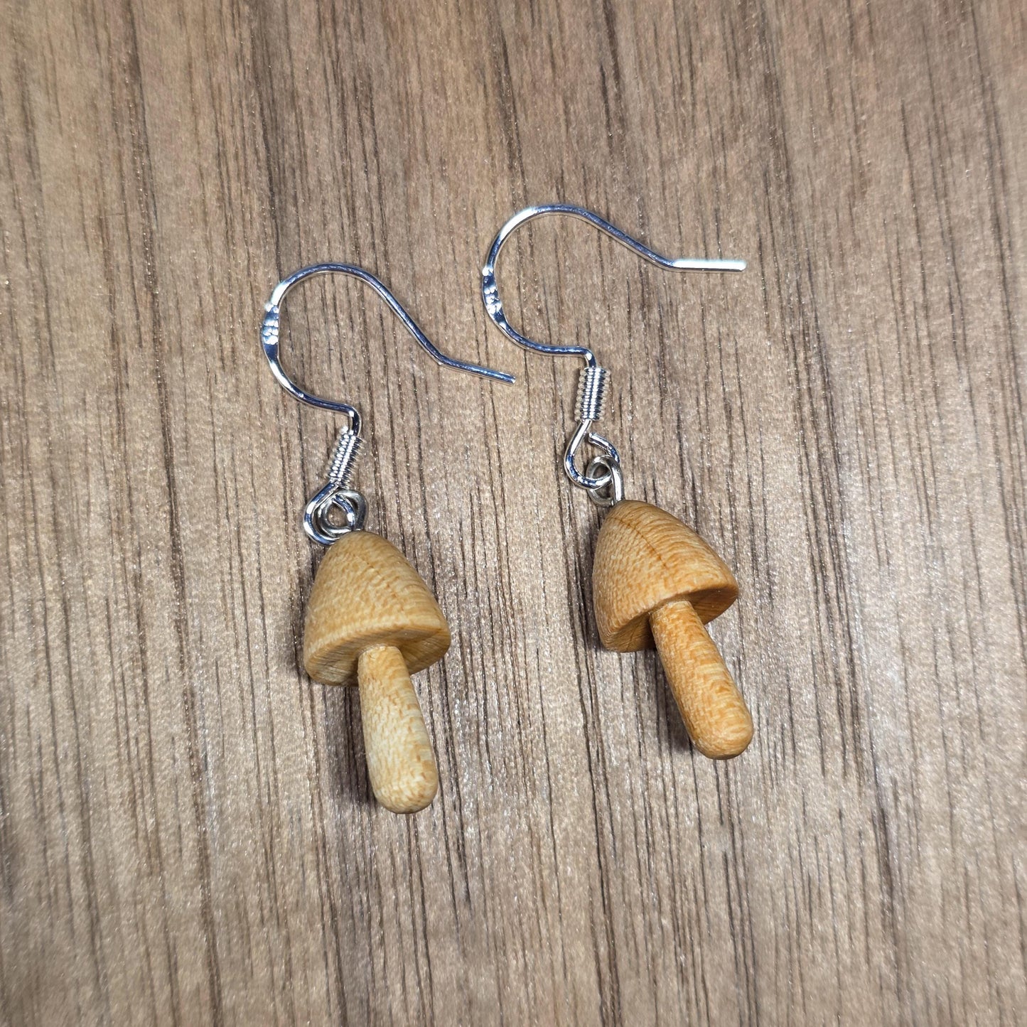 Wooden liberty cap magic mushroom and sterling silver dangle / drop earrings - Wooden earrings - Natural earrings