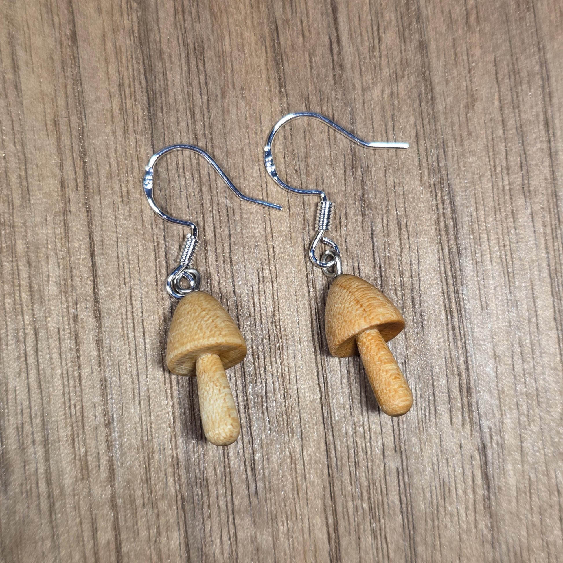 Wooden liberty cap magic mushroom and sterling silver dangle / drop earrings - Wooden earrings - Natural earrings