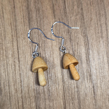 Wooden liberty cap magic mushroom and sterling silver dangle / drop earrings - Wooden earrings - Natural earrings