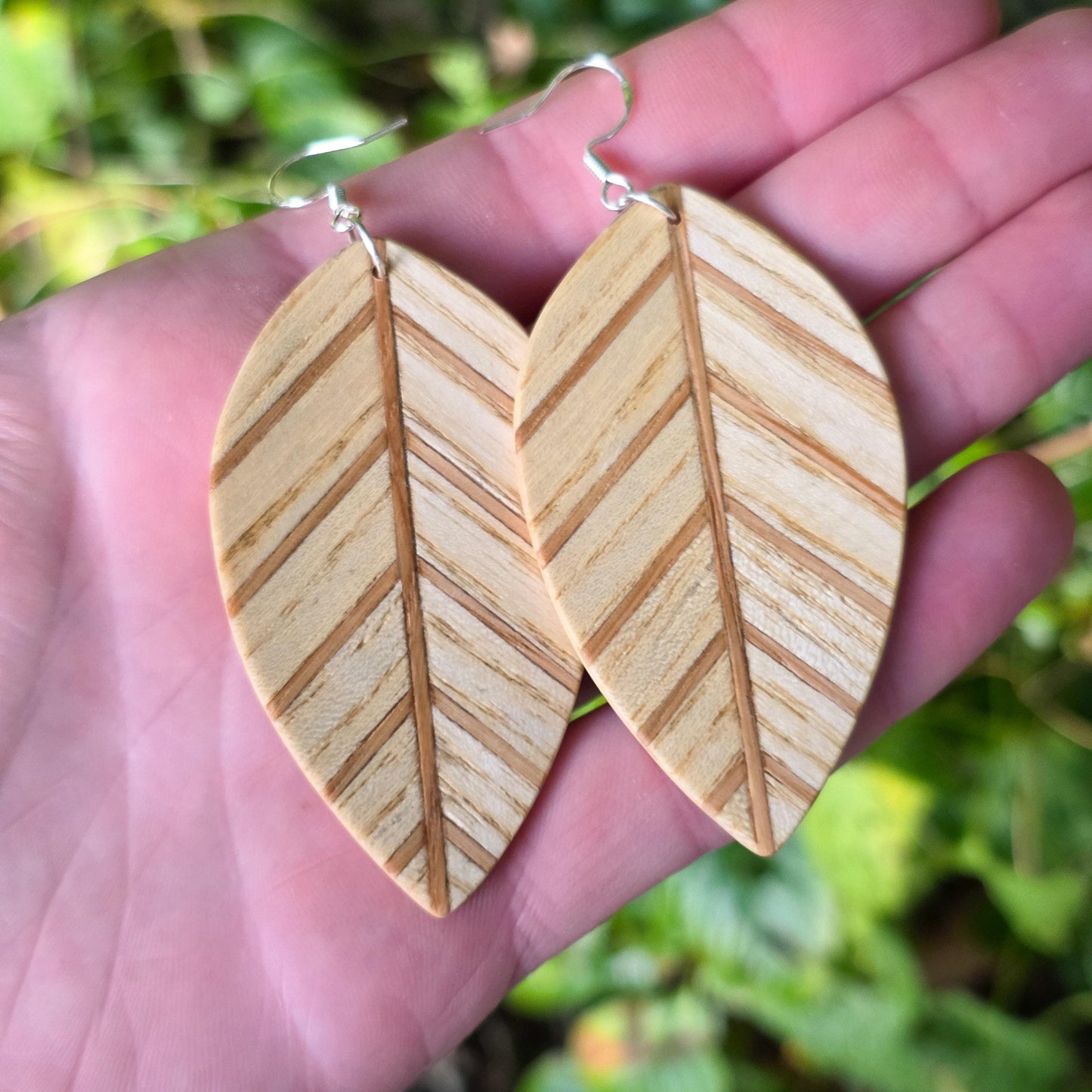 Wooden leaf earrings, Ash, Sapele, Oak wood dangle / drop earrings - Handmade wood and silver earrings - Natural earrings