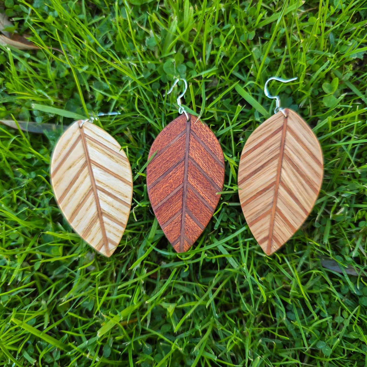 Wooden leaf earrings, Ash, Sapele, Oak wood dangle / drop earrings - Handmade wood and silver earrings - Natural earrings
