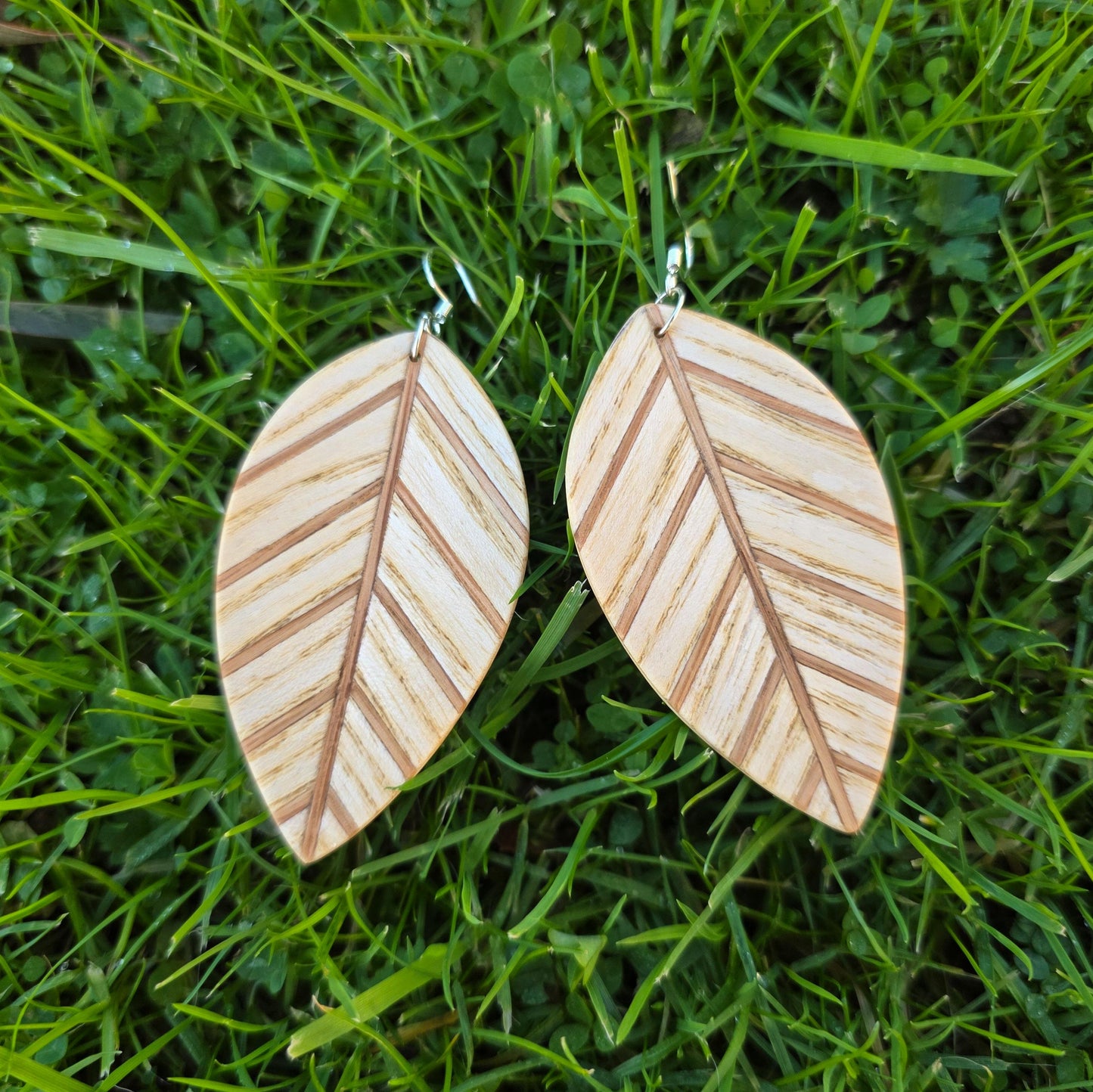 Wooden leaf earrings, Ash, Sapele, Oak wood dangle / drop earrings - Handmade wood and silver earrings - Natural earrings
