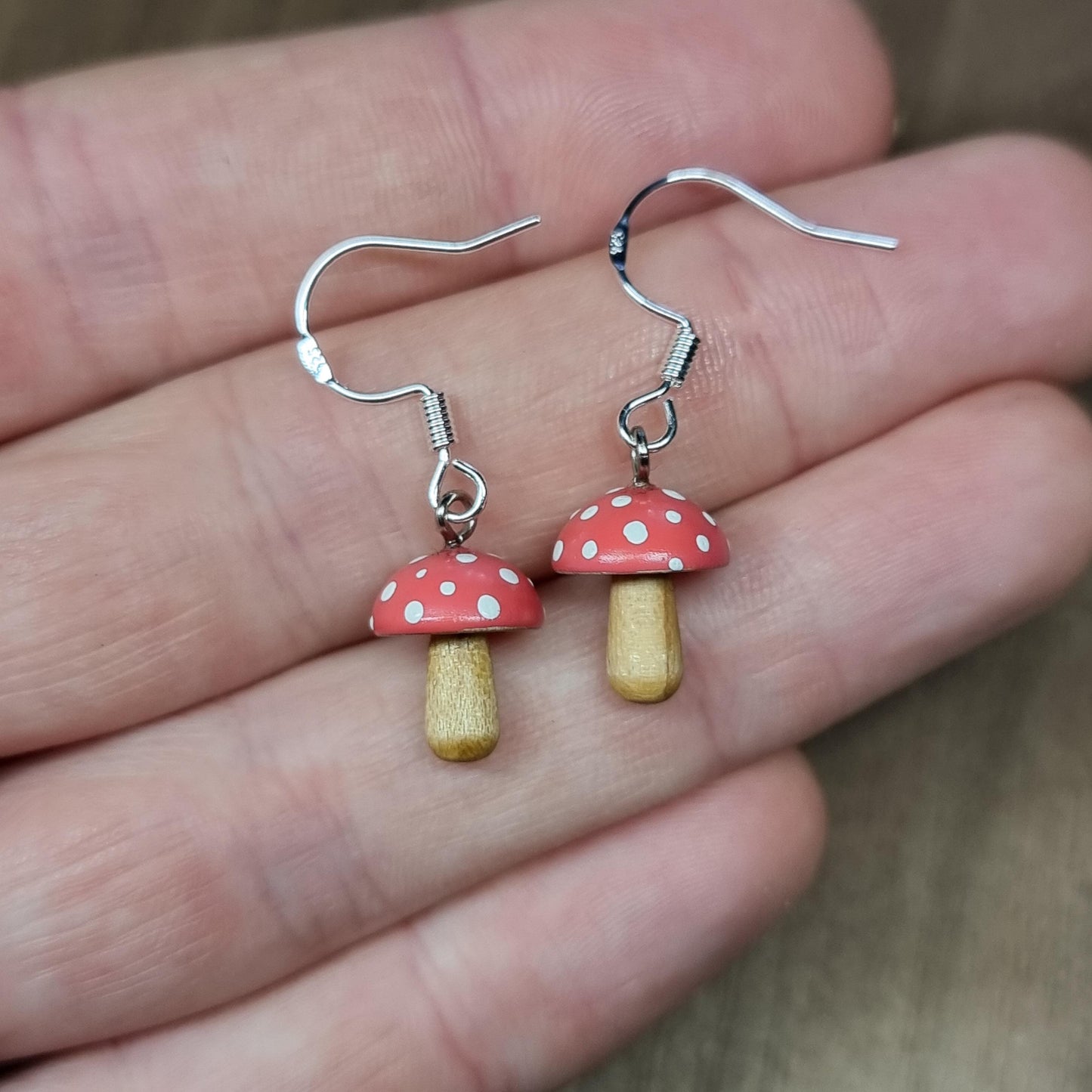 Wooden Toadstool mushroom and sterling silver hand made dangle / drop earrings