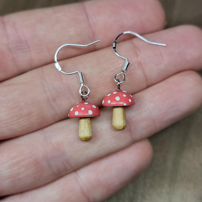 Wooden Toadstool mushroom and sterling silver hand made dangle / drop earrings