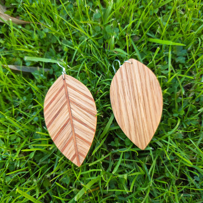 Wooden leaf earrings, Ash, Sapele, Oak wood dangle / drop earrings - Handmade wood and silver earrings - Natural earrings