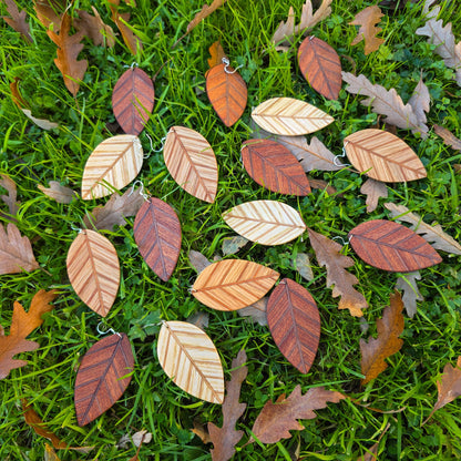 Wooden leaf earrings, Ash, Sapele, Oak wood dangle / drop earrings - Handmade wood and silver earrings - Natural earrings