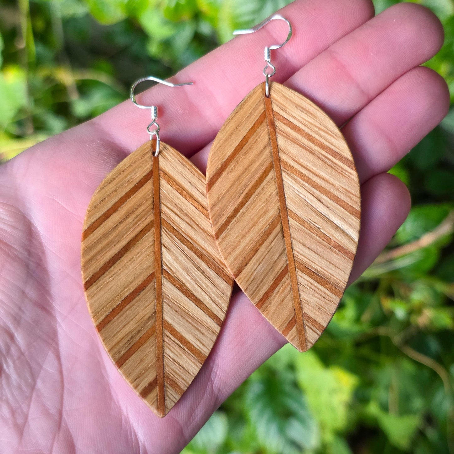 Wooden leaf earrings, Ash, Sapele, Oak wood dangle / drop earrings - Handmade wood and silver earrings - Natural earrings
