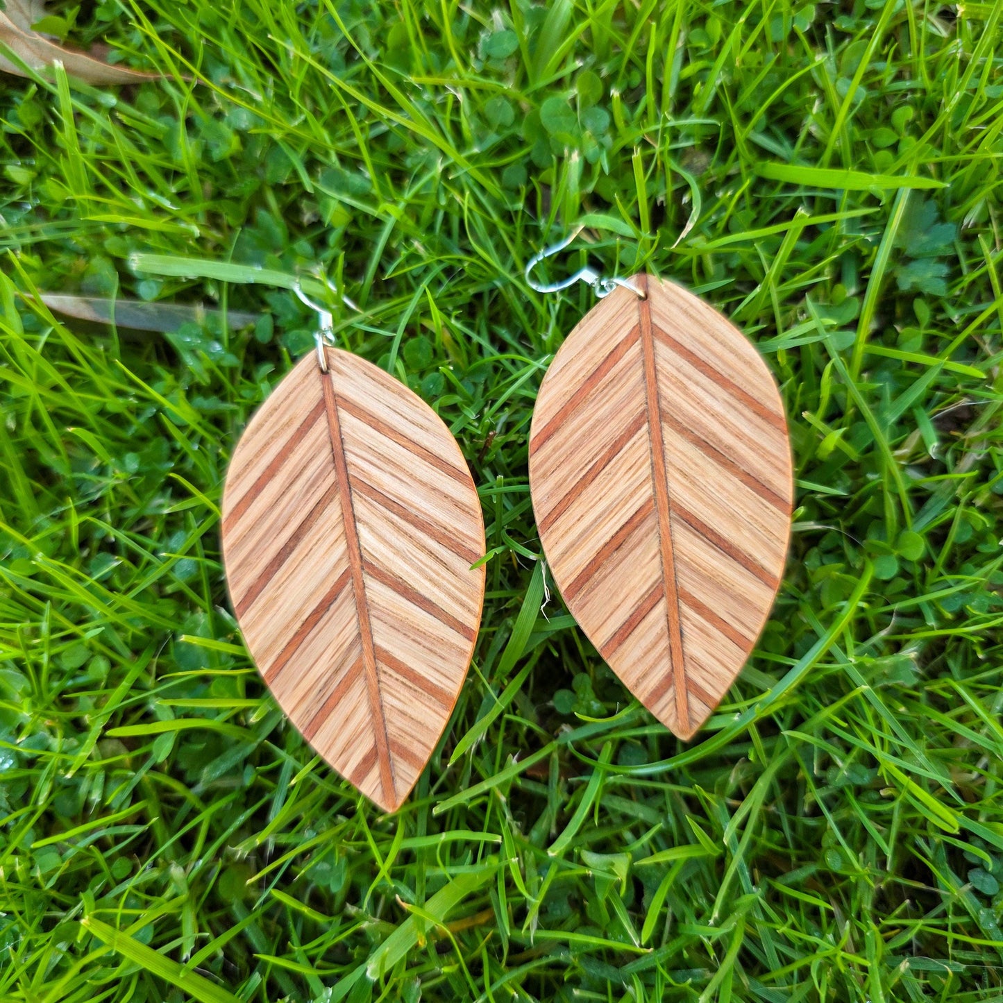 Wooden leaf earrings, Ash, Sapele, Oak wood dangle / drop earrings - Handmade wood and silver earrings - Natural earrings