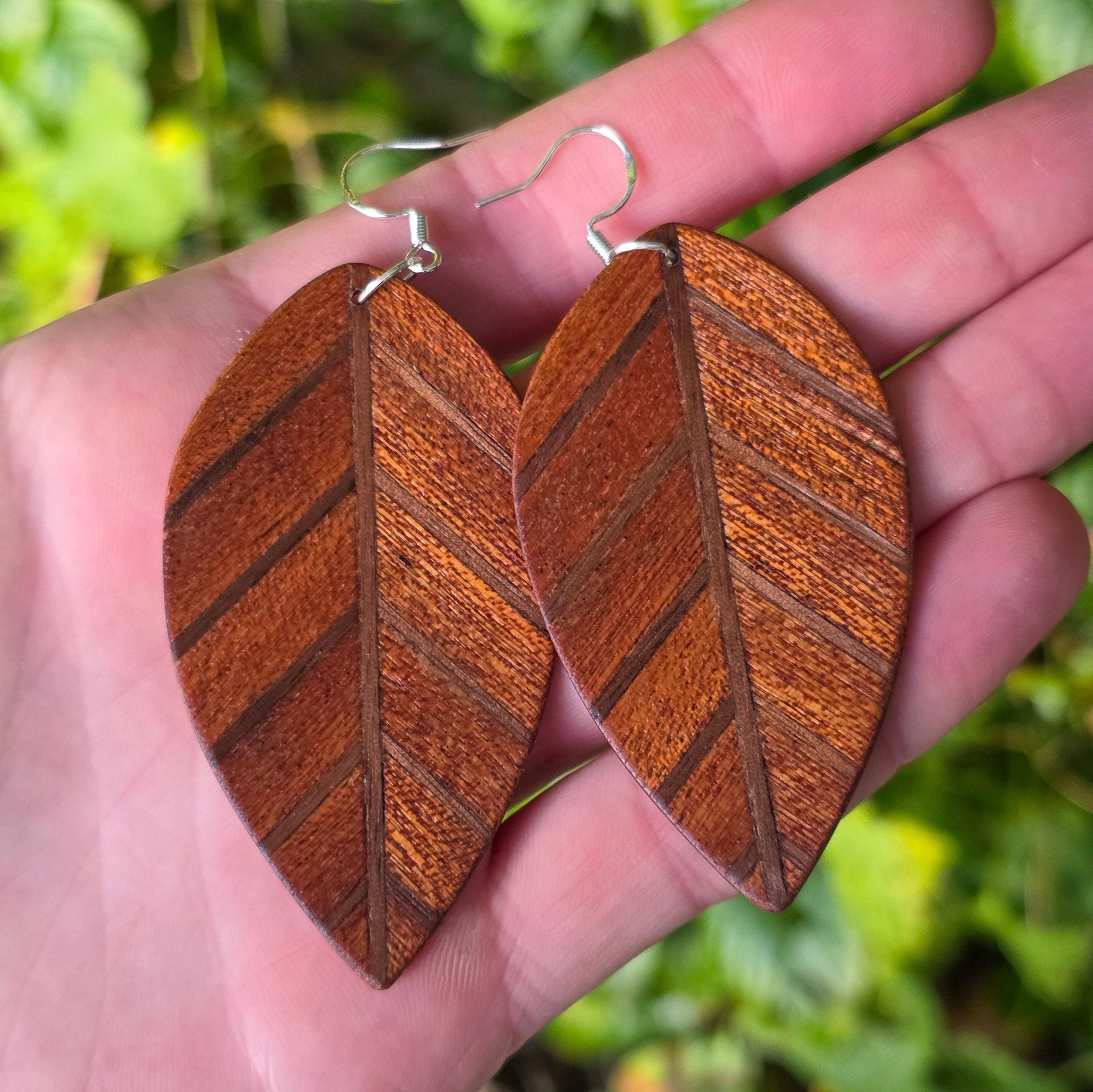 Wooden leaf earrings, Ash, Sapele, Oak wood dangle / drop earrings - Handmade wood and silver earrings - Natural earrings