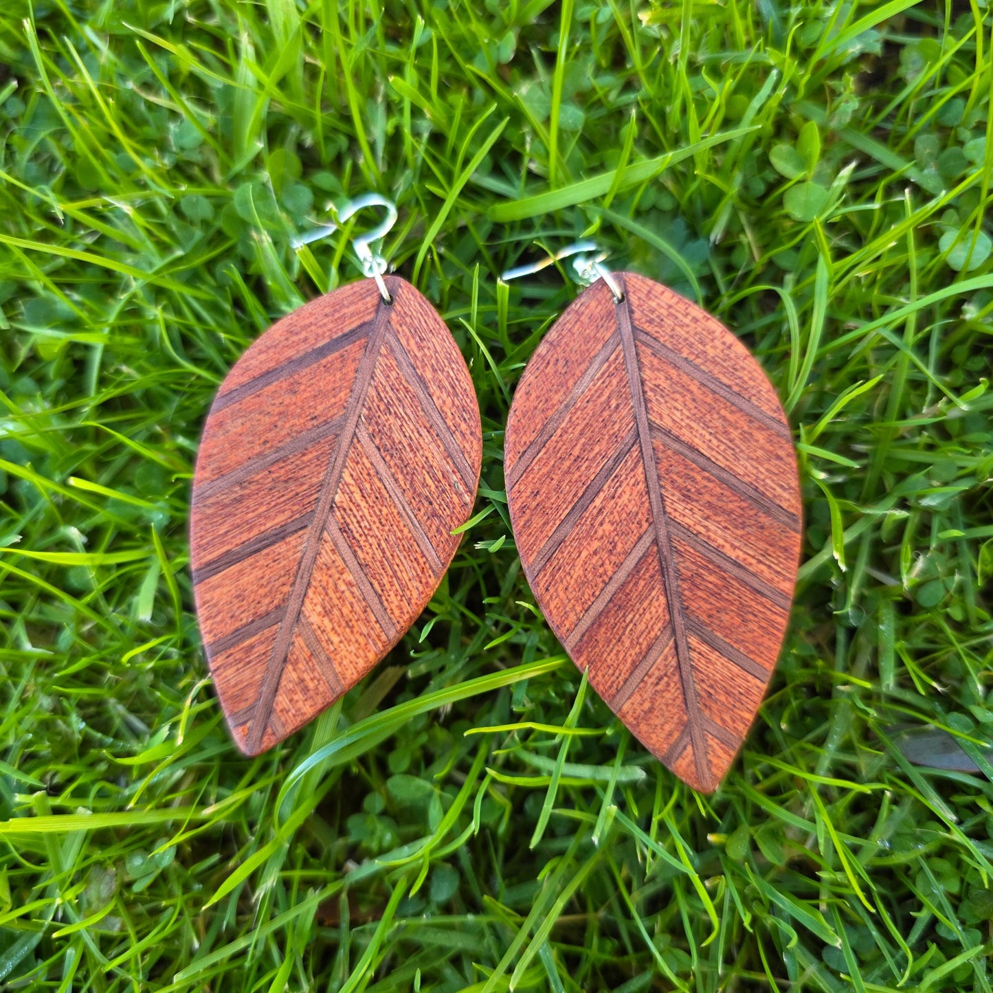 Wooden leaf earrings, Ash, Sapele, Oak wood dangle / drop earrings - Handmade wood and silver earrings - Natural earrings