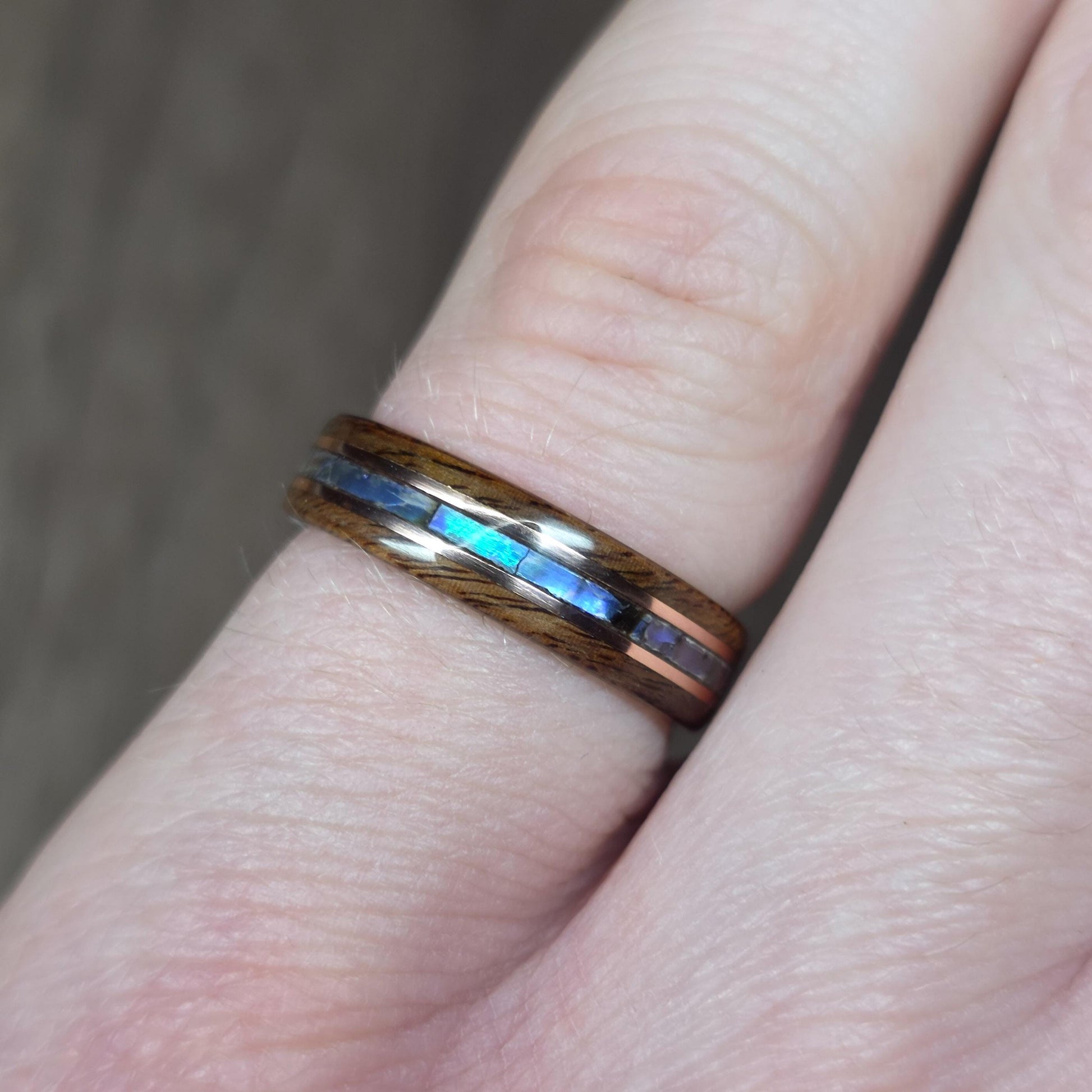 Custom wood, metal & abalone shell hand made bent wood ring