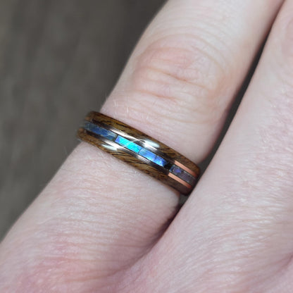 Custom wood, metal & abalone shell hand made bent wood ring
