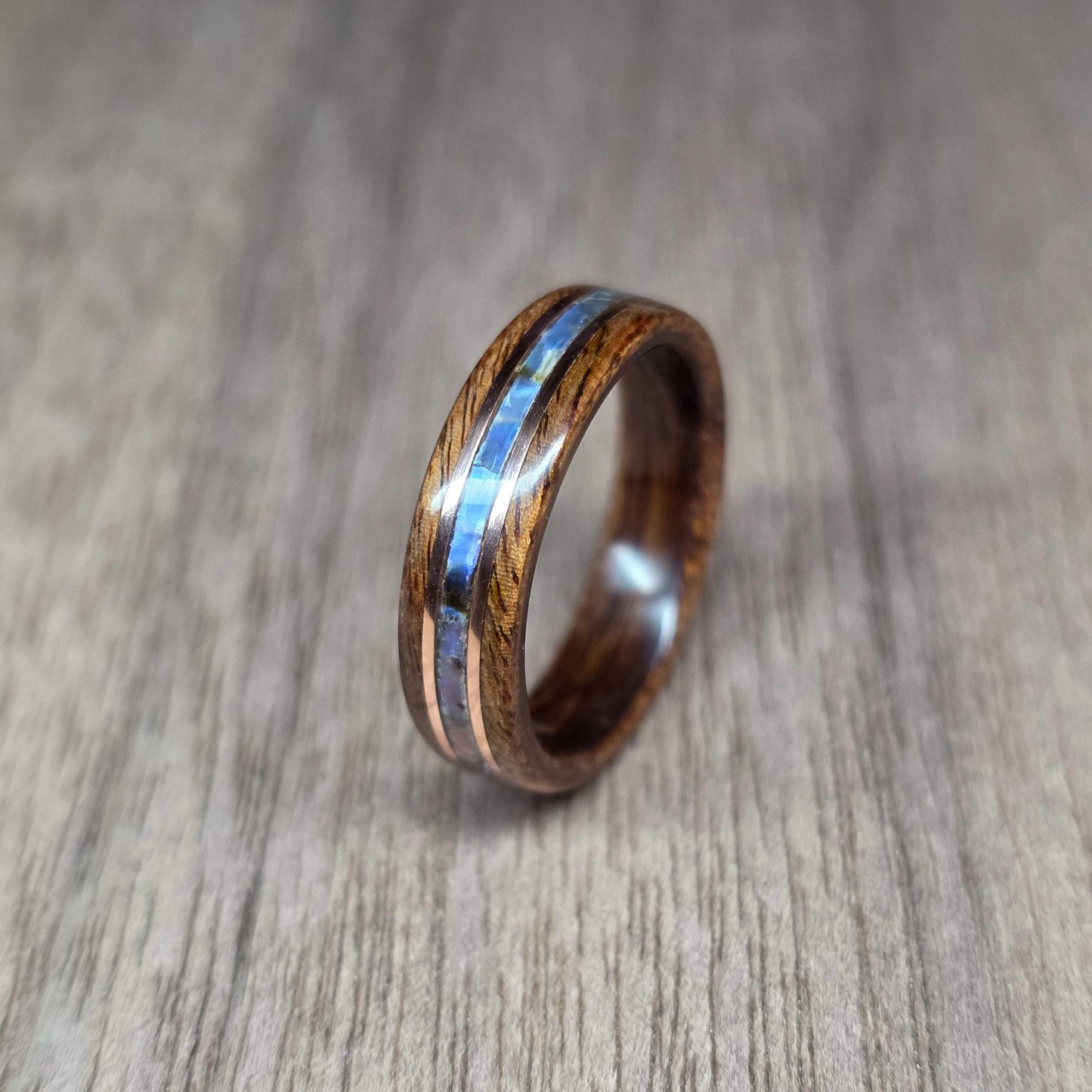Custom wood, metal & abalone shell hand made bent wood ring
