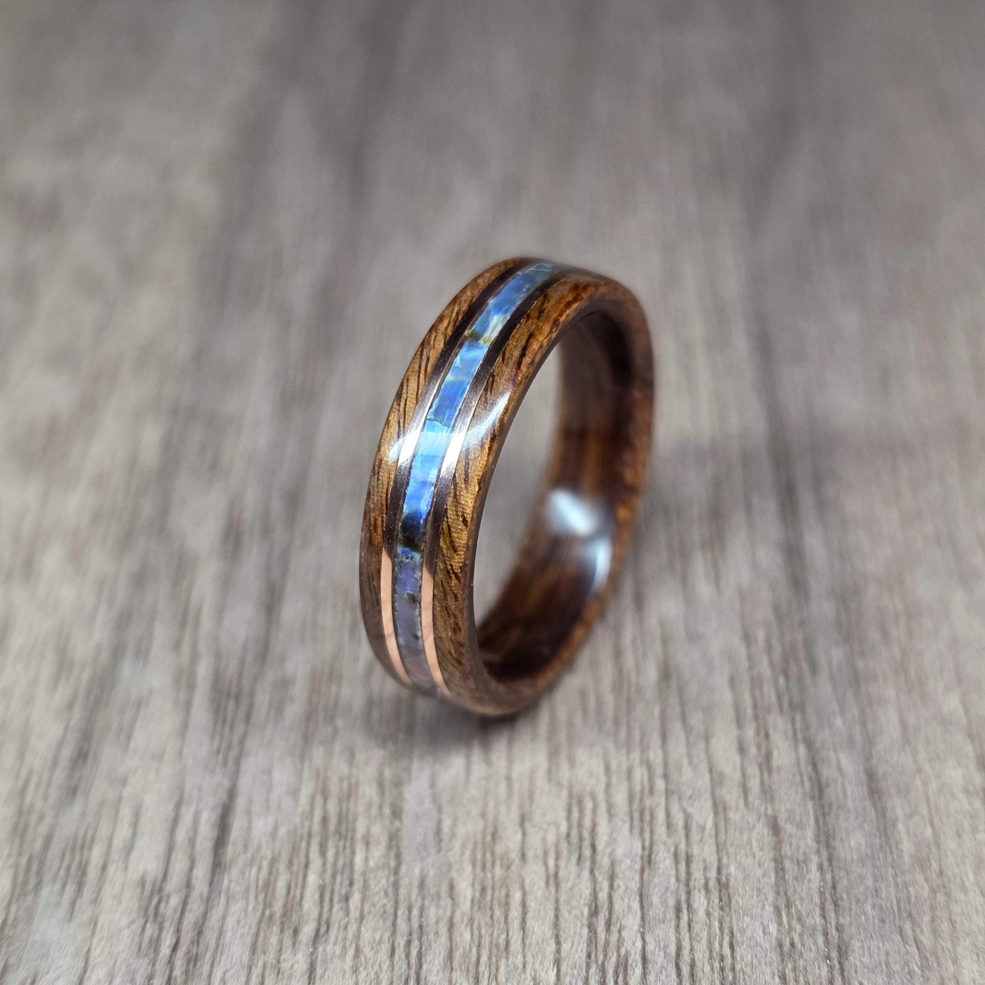 Custom wood, metal & abalone shell hand made bent wood ring