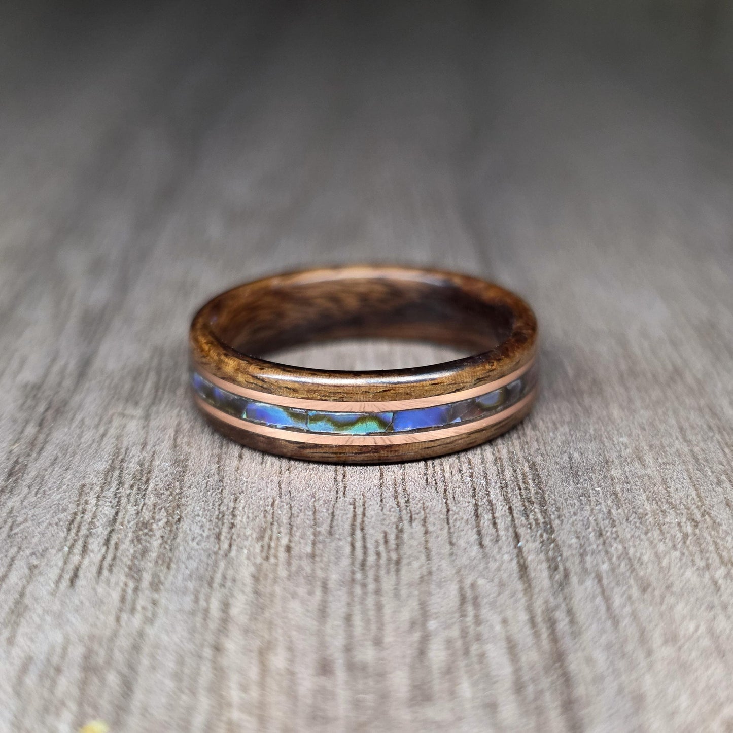 Custom wood, metal & abalone shell hand made bent wood ring
