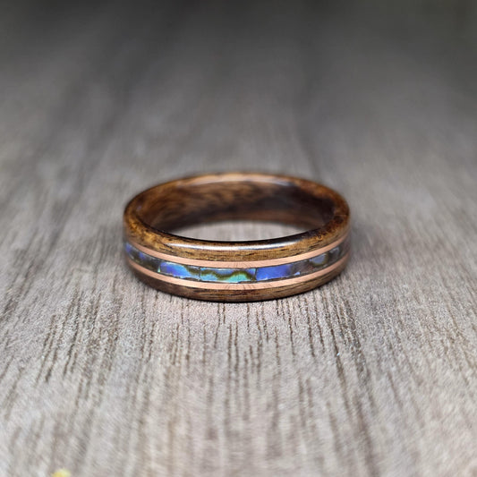 Custom wood, metal & abalone shell hand made bent wood ring
