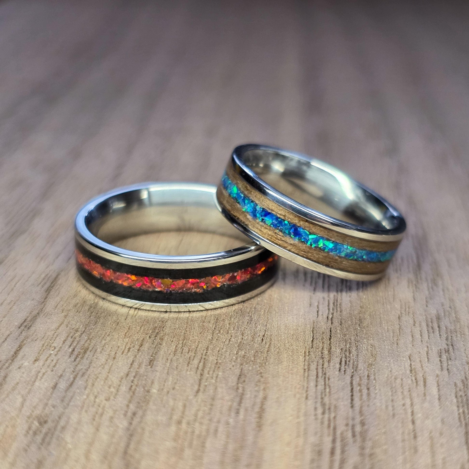 Custom memorial, stainless steel & wood ring with cremation ash and crushed opal - Hand made bent wood ring - steel and wooden band