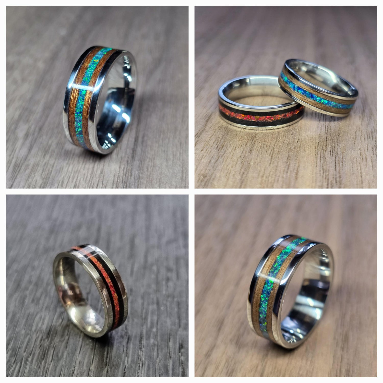 Custom memorial, stainless steel & wood ring with cremation ash and crushed opal - Hand made bent wood ring - steel and wooden band