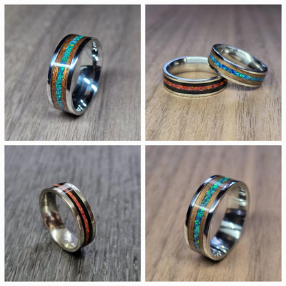 Custom memorial, stainless steel & wood ring with cremation ash and crushed opal - Hand made bent wood ring - steel and wooden band