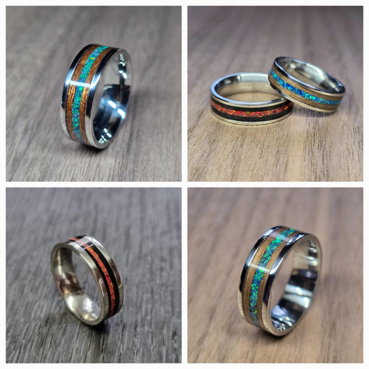 Custom memorial, stainless steel & wood ring with cremation ash and crushed opal - Hand made bent wood ring - steel and wooden band