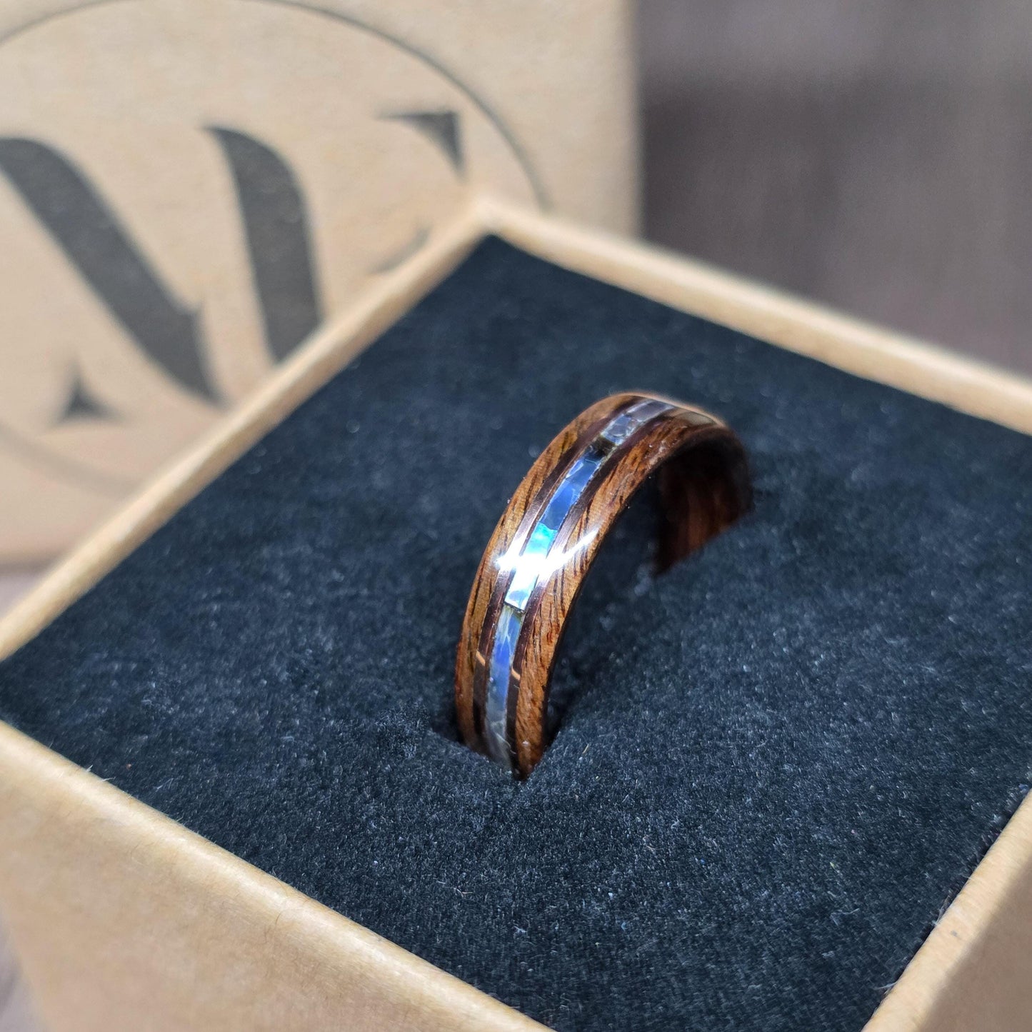 Custom wood, metal & abalone shell hand made bent wood ring