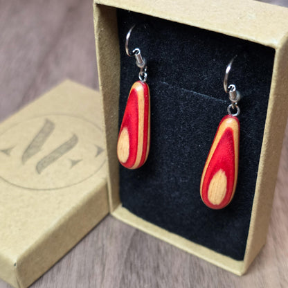 Rainbow striped wood & surgical stainless steel dangle drop earrings