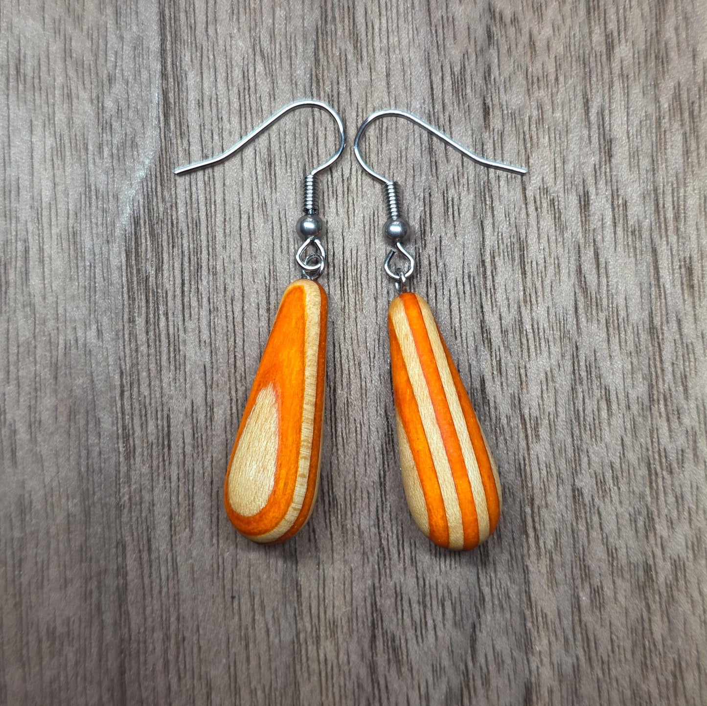 Rainbow striped wood & surgical stainless steel dangle drop earrings