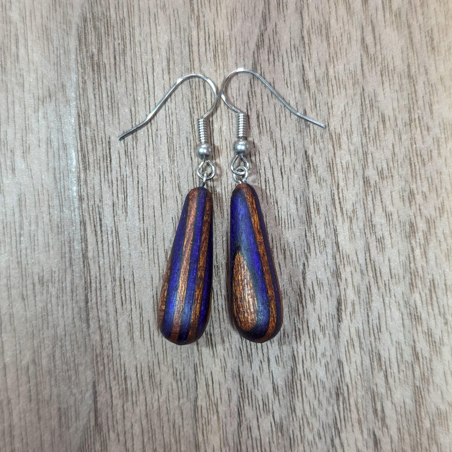 Rainbow striped wood & surgical stainless steel dangle drop earrings
