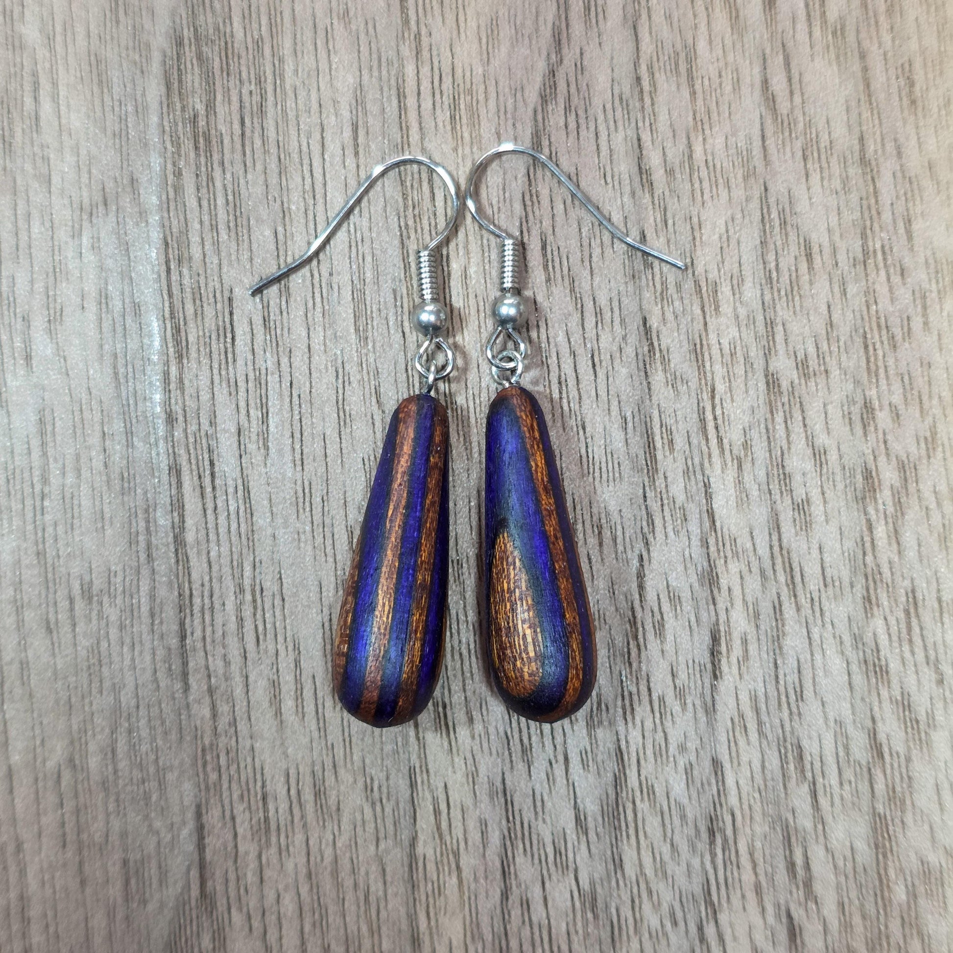 Rainbow striped wood & surgical stainless steel dangle drop earrings