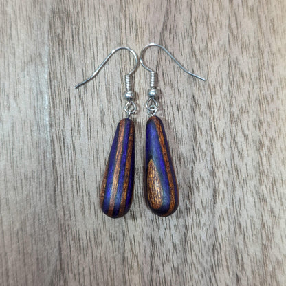 Rainbow striped wood & surgical stainless steel dangle drop earrings