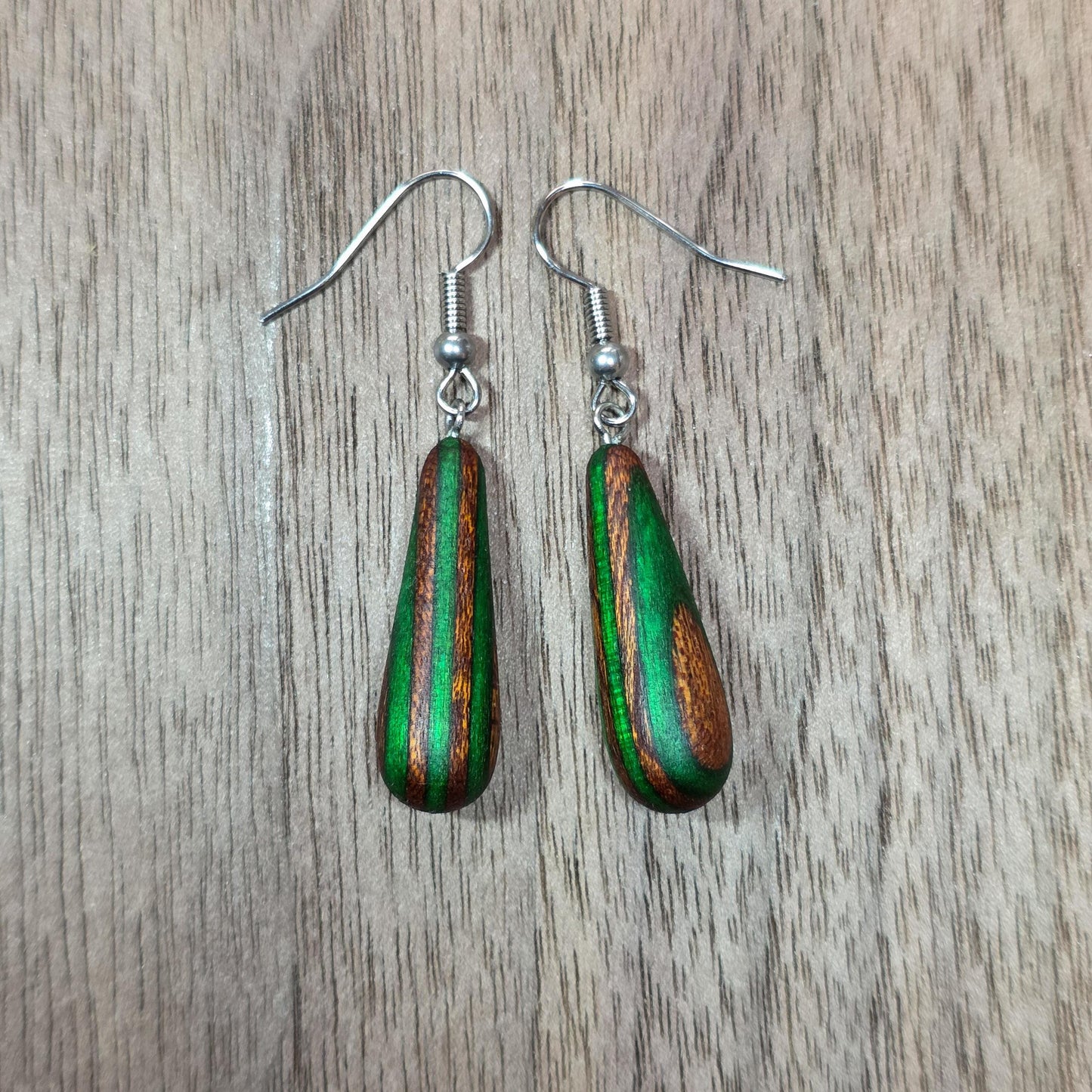 Rainbow striped wood & surgical stainless steel dangle drop earrings