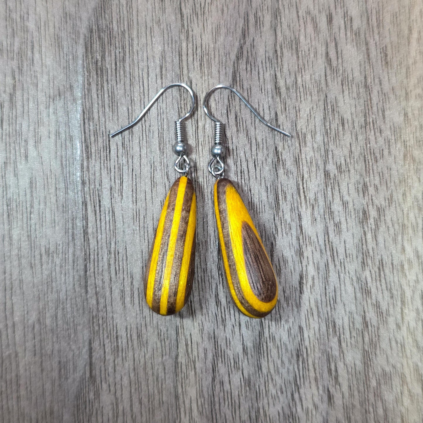 Rainbow striped wood & surgical stainless steel dangle drop earrings