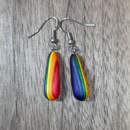 Rainbow striped wood & surgical stainless steel dangle drop earrings