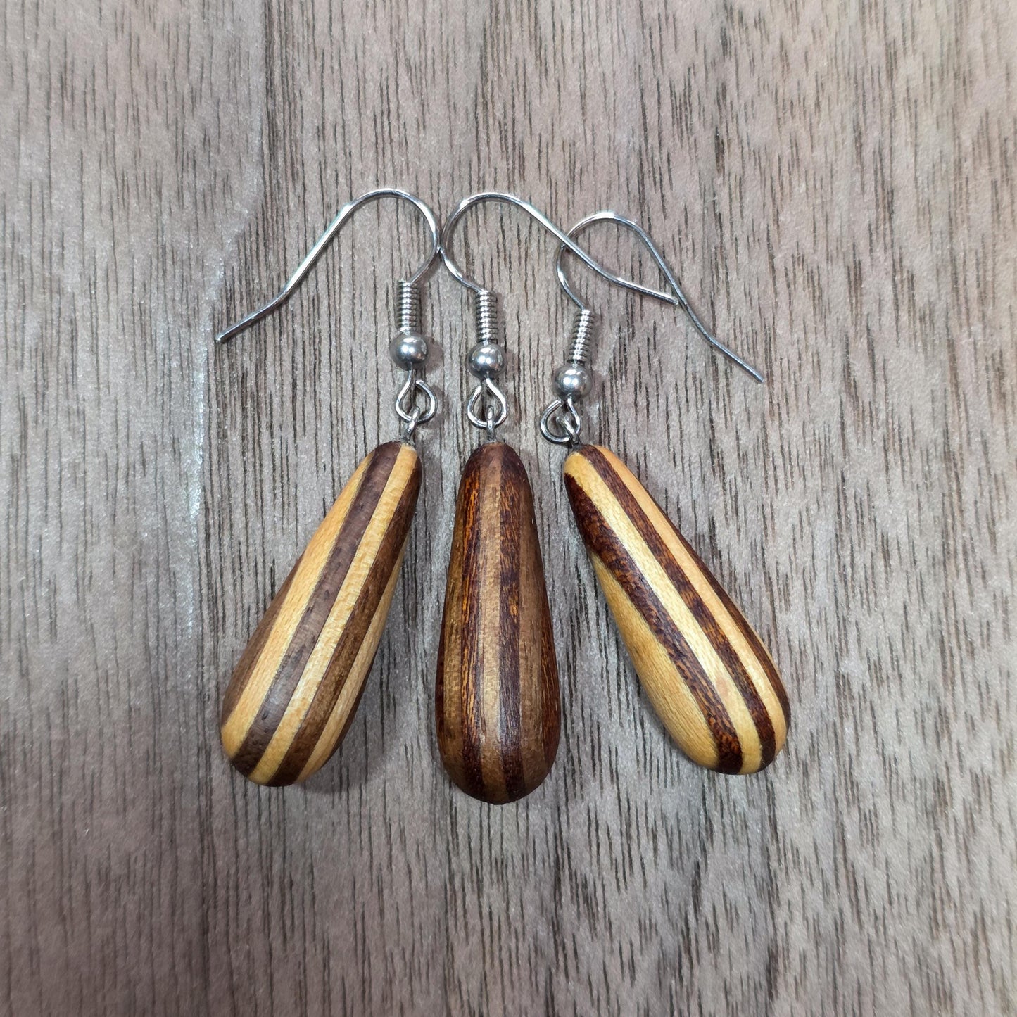 Striped wooden dangle drop earrings with surgical stainless steel hooks