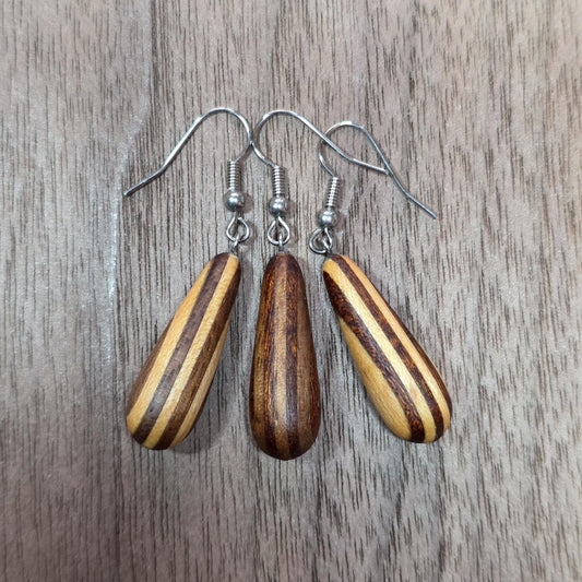 Striped wooden dangle drop earrings with surgical stainless steel hooks