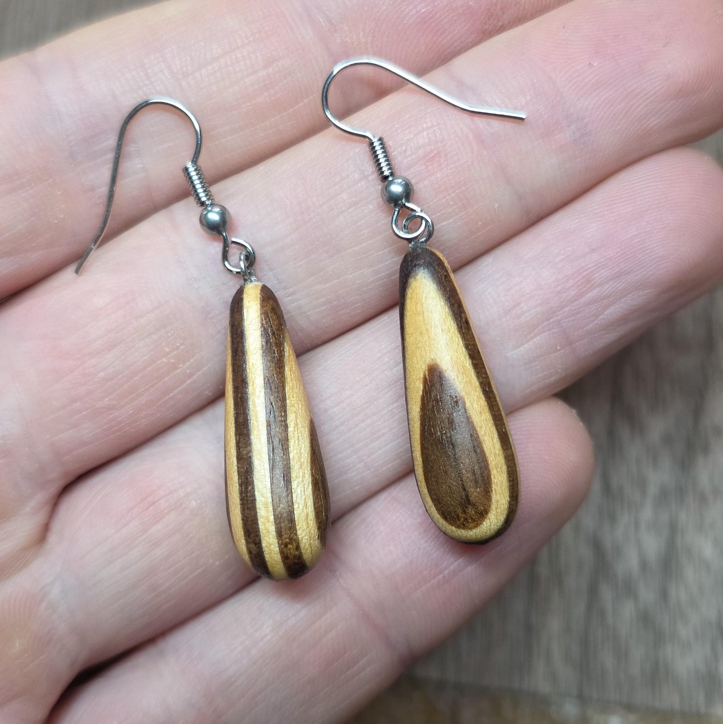 Striped wooden dangle drop earrings with surgical stainless steel hooks
