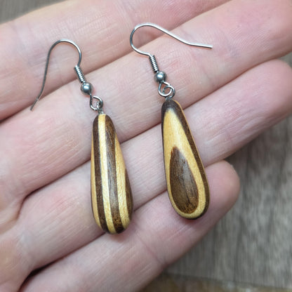 Striped wooden dangle drop earrings with surgical stainless steel hooks